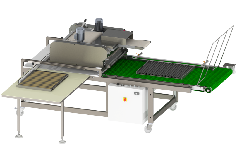 automatic l-shaped deposit of shaped dough pieces on fillets