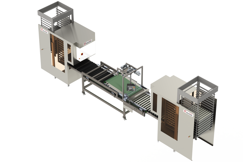 automatic depositing of baguettes and bread on fillets or trays