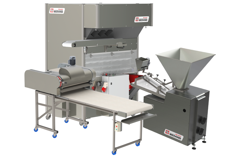 línea automática de producción de pan de molde en panes cortos compuesta una cámara de panadería, una divisora de pesaje y una formadora industrial