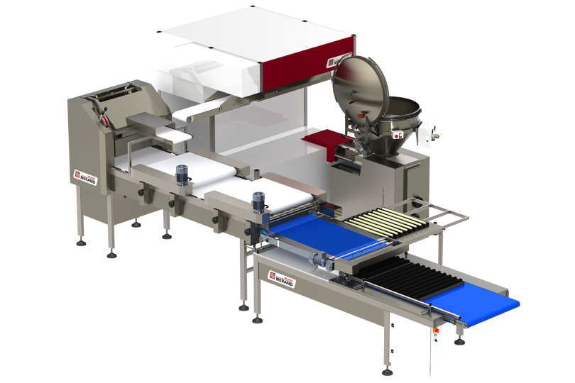 línea de producción de baguettes y panecillos compuesta por una divisora pesadora volúmetrica y una formadora industrial