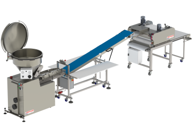 Ligne automatique de production de pains composée de une diviseuse volumétrique un tapis convoyeur et une façonneuse horizontale pour boulangerie