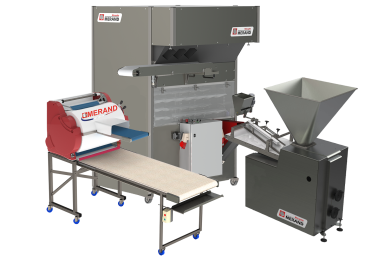 línea automática de producción de pan de molde en panes cortos compuesta por una cámara de panadería, una divisora de pesaje y una formadora industrial