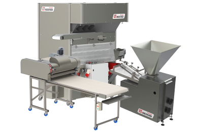 línea automática de producción de pan de molde en panes cortos compuesta una cámara de panadería, una divisora de pesaje y una formadora industrial